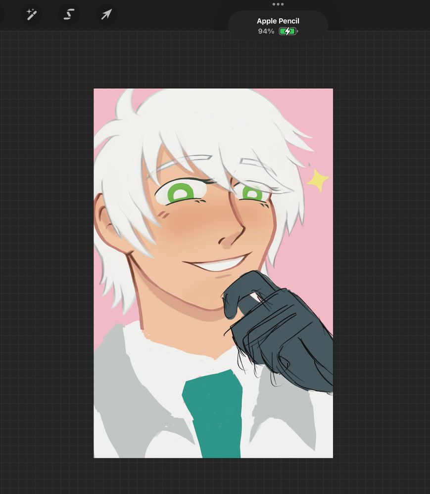 A work in progress artwork of Hope from FFXIII-2 - he is grinning down at the camera, and his left hand is resting against his chin.