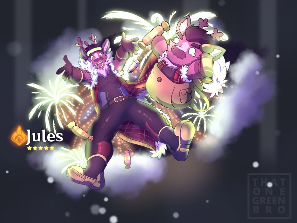 Splash art of Jules in a genshin impact format gacha. Background is a birdseye view of a city with clouds and fireworks. He throws his backpack containing his plushie, JR.