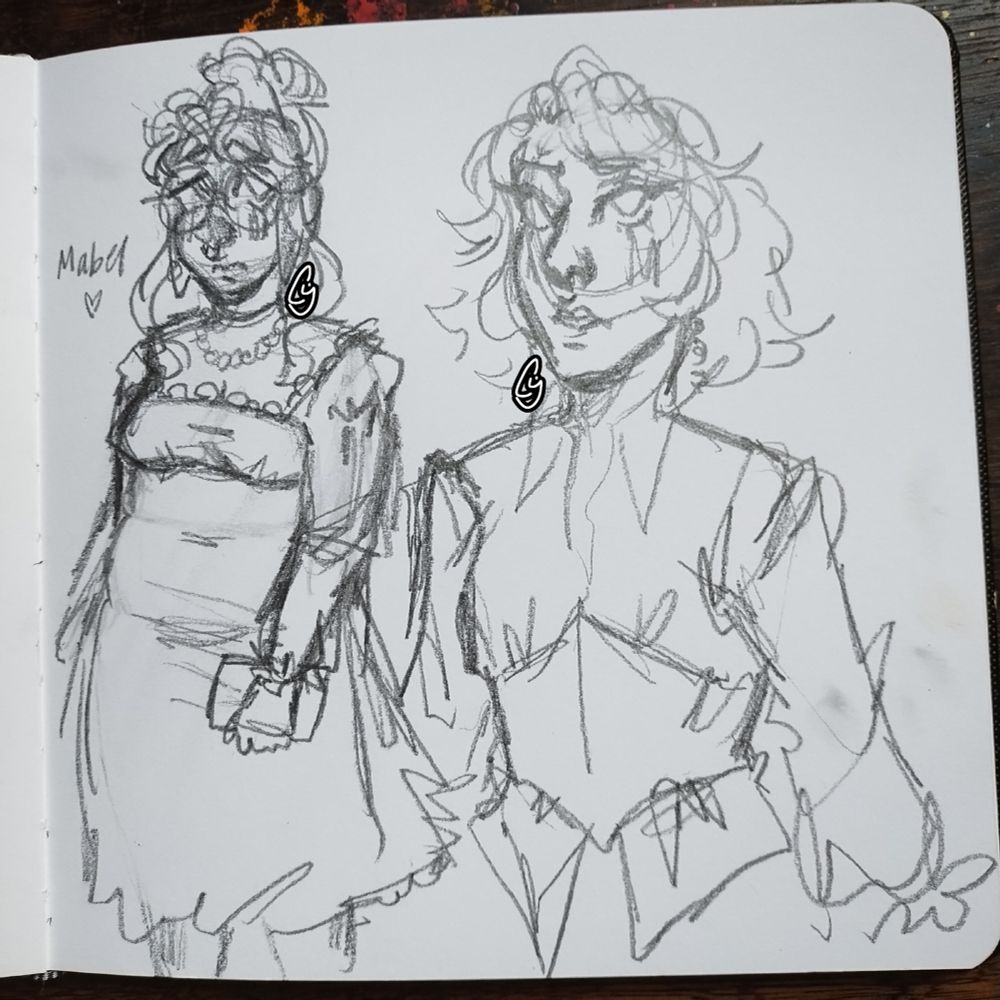 On the left is character named mabel with her name written to the left of her head with a small heart beneath it. She has large circle glasses, wavy bangs that part in the middle and form a heart with. Her hair is in a bun. She has two long wavy strands that frame her face. She has long eyelashes and almost droopy eyes? Her expression seems shy or nervous. She also has a septum piercing. Shes wearing a plain black choker and a pearl necklace. Shes wearing a knee length dress, the neckline shape is fairly boxy, it shows her chest a bit with frills lining it and puffy sleeves. Its also puffy near the bottom of the sleeve with more frills, which is visible from the arm on the left. Her arm is relaxed by her side and in her hand she holds a book. The arm on the left is barely visible. Her dress shows some stomach folds. She has a round stomach, but it doesnt extend much further than her chest. She seems a bit pear shaped, except a bit more balanced. On the right is sam. This is very long. But anyways sam has messy short layered hair, a little higher than her shoulders, with a side part bang. Theres face framing strands that curl inwards towards her face. She has sharp eyes with a long wing. Her expression is maybe concerned. She has on a pirate-esque shirt, a messy button up thats not buttoned up fully with puffy sleeves and a corset. Shes fairly slim with a small chest.
