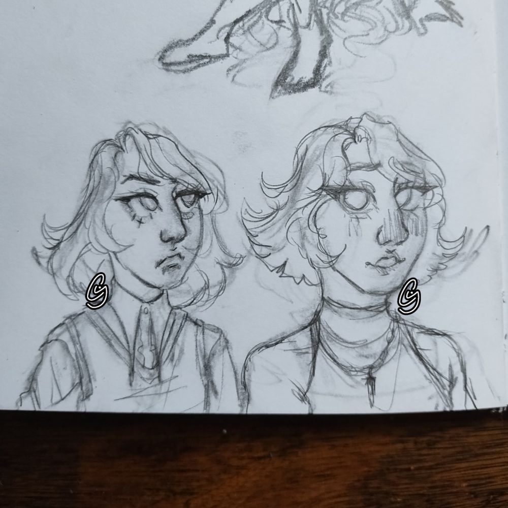 Two drawings of my oc sam. The one on the left is gazing off towards the right. She has fairly tame slightly wavy shoulder length hair, but two face framing pieces curl inward and a few strands curl out. Shes wearing a button up with a long sharp collar buttoned all the way up and a simple sweater vest. She looks mildly annoyed. Her eyes are sharp with prominent lashes, her nose bridge is prominent, and her mouth frowns in an almost annoyed pout and her eyebrows curl inwards. The drawing on the left seems much more relaxed in expression. Her eyebrows are raised in curiosity or concern and she has an open mouth smile. Same features as before, but more relaxed and staring towards the viewer. She has choppy chin length hair that curls outwards except for the face framing strands. Shes wearing a sleeveless turtle neck and two necklaces.