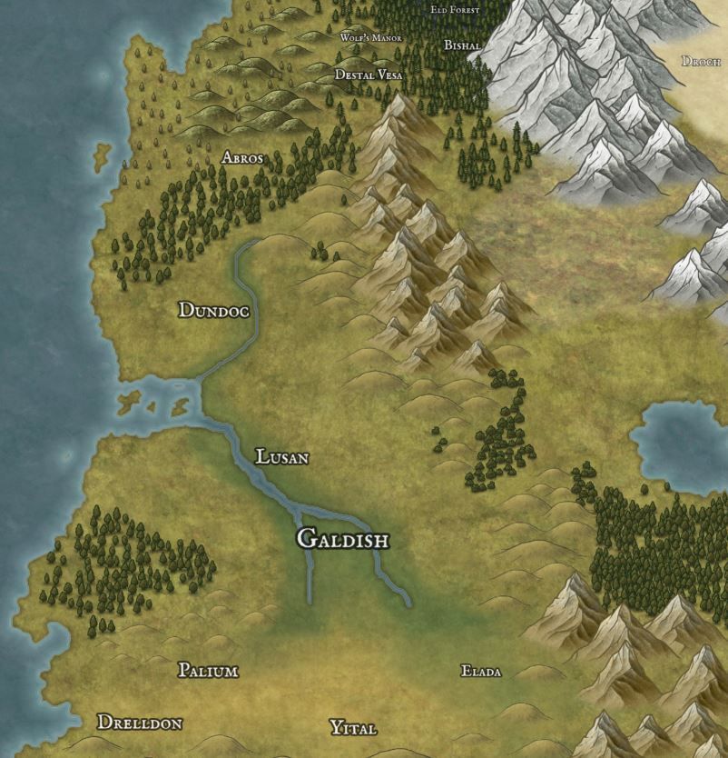 A map from the book series The Lurran Chronicles, depicting the cities along the western coast of some large landmass. Galdish is in the center, along a major river, but others are listed throughout the region.