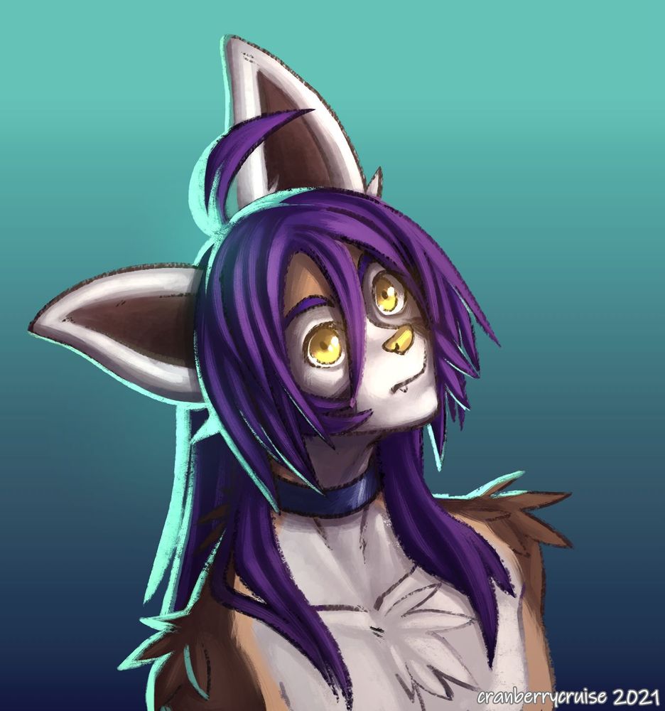 digital illustration of a furry character. they are staring at the viewer with bright yellow eyes, draped by purple hair.