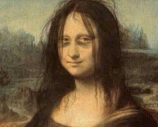 A humorous edit of the Mona Lisa showing her with messy hair and tired eyes, giving a disheveled, just-woke-up look.