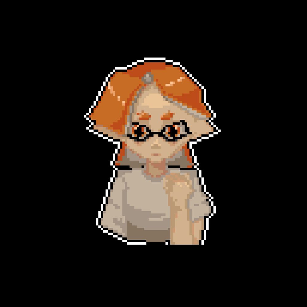 Pixel art of an inkling with an almost middle-part facing forward, holding a clenched fist.
