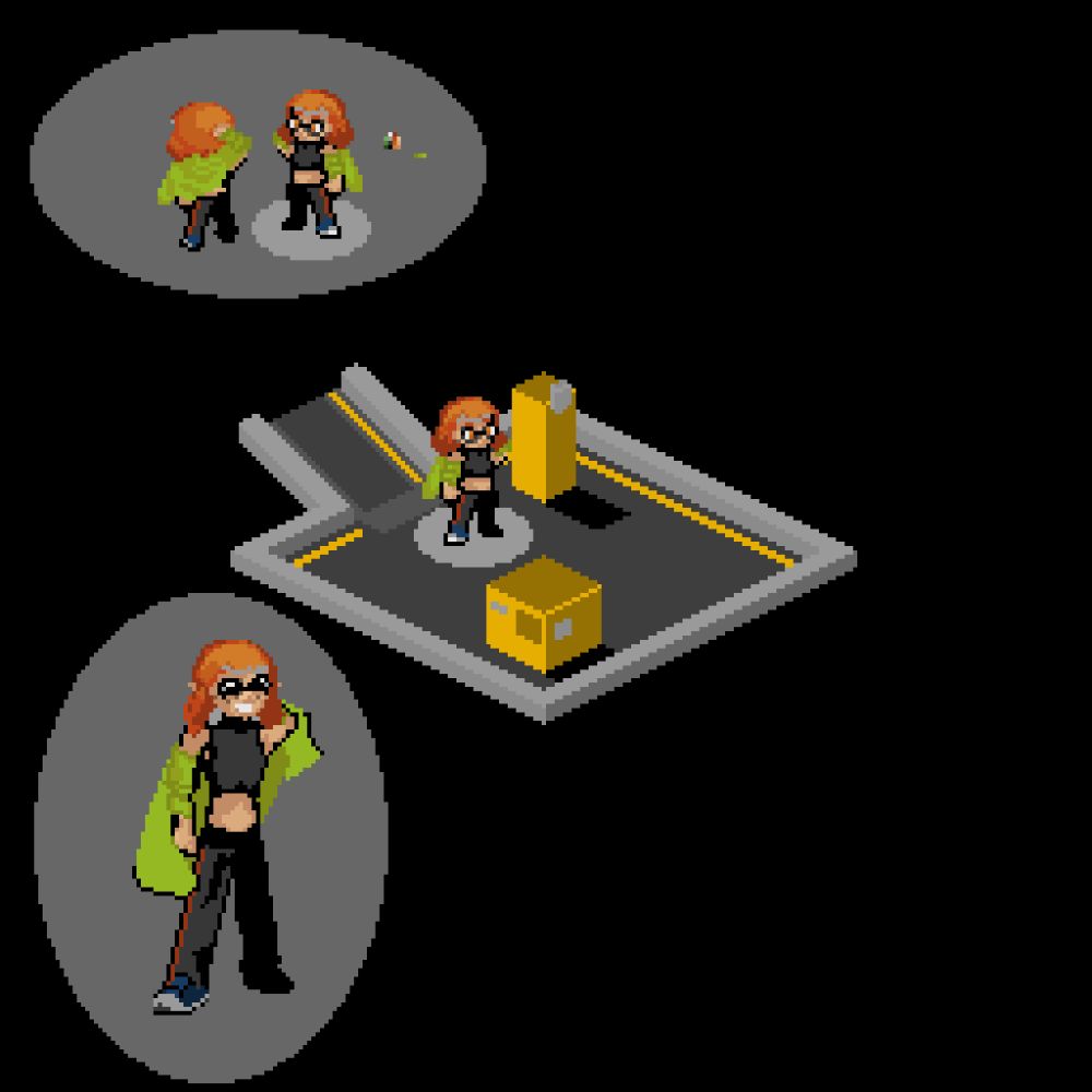 Agent 4(Echi) in an isometric Octocanyon level dome. An expanded version of the sprite is to the left with her giving a big :D smile.