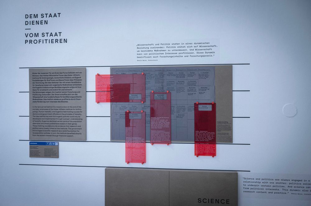 Eine Ausstellungsstation an der Wand, mit dem Titel "Dem Staat dienen – vom Staat profitieren"