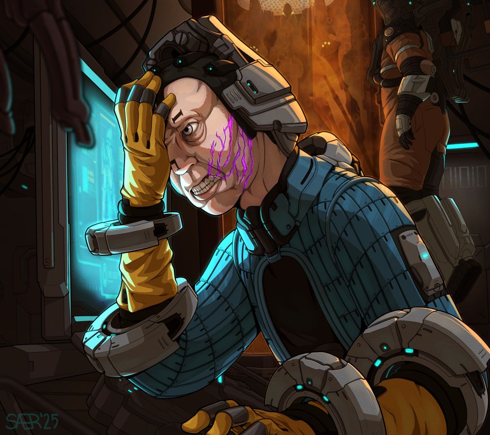 A digital drawing of Alad V from Warframe inside his secret lab