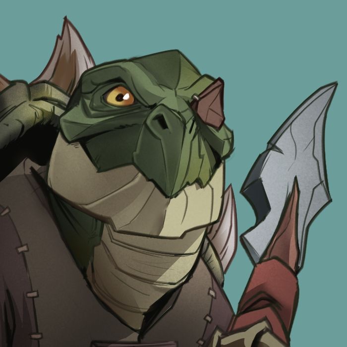 A digitally drawn and rendered image of a greeb snapping turtle with an eye patch holding a spear 