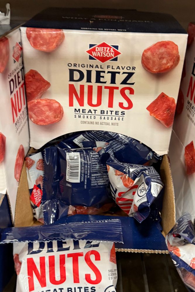 A grocery display box labeled Dietz Nuts Meat Bites from Dietz & Watson. 