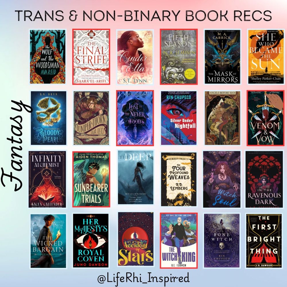 Fantasy Recs- Book Covers for: The Wild and the Woodsman, The Final Strife, Cinder Ella, The Fifth Season, The Mask of Mirrors, She Who Became the Sun, Our Bloody Pearl, Juniper & Thorn, Lost in the Never Woods, Silver Under Nightfall, Angels Before Man, Venom & Vow, Infinity Alchemist, The Sun Bearer Trails, The Deep, The Four Profound Weaves, Witch Soul, In the Ravenous Dark, The Wicked Bargain, Her Majesty’s Royal Coven, An Accident of Stars, The Witch King, Bone Witch, The First Bright Thing