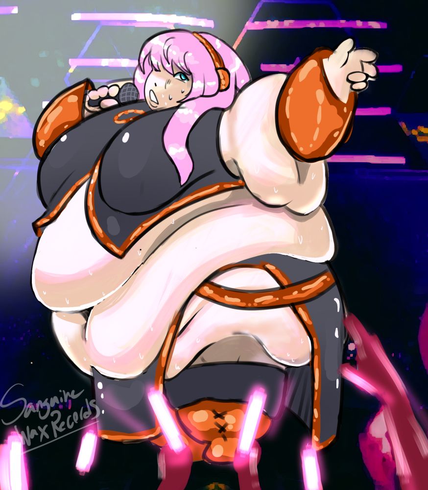 Luka megurine, a pink haired synthetic singer, but she is morbidly obese, is singing infront of a crowd. Her grey clothed with golden trim are bairly covering her body. The crowd has glowing light sticks to cheer her on 