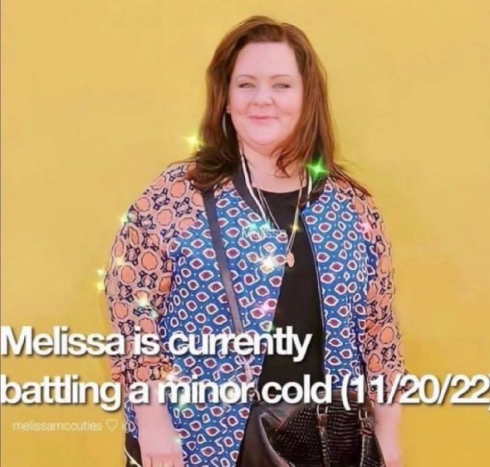 Melissa McCarthy meme that says “Melissa is currently batting a minor cold (11/20/22)” she is standing against a yellow background looking at camera smiling 