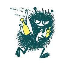A drawing of a hairy creature running away with bottles under his arms. He has duck like feet, two antennae, black fur, and a mischievous facial expression