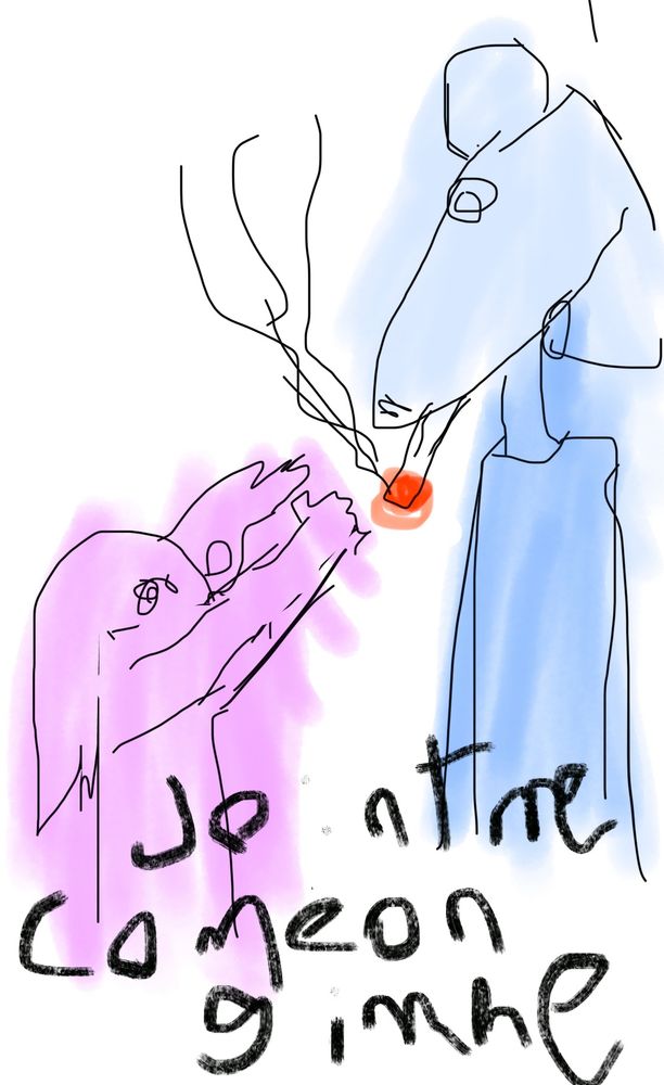 Two messily pen style anthropomorphic animals stand next to each other. On the right a dog messily painted blue with a lit cigarette in their mouth. To the left a significantly shorter rabbit with their arms outstretched grasping towards the cigarette. In black crayon over the two reads joint me come on gimme