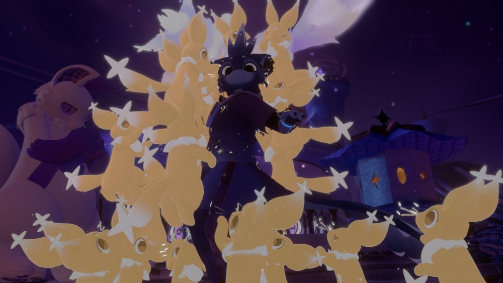 VRChat screenshot of BleuSomme, a blue avali, being mobbed by 15 glowing Somna critters