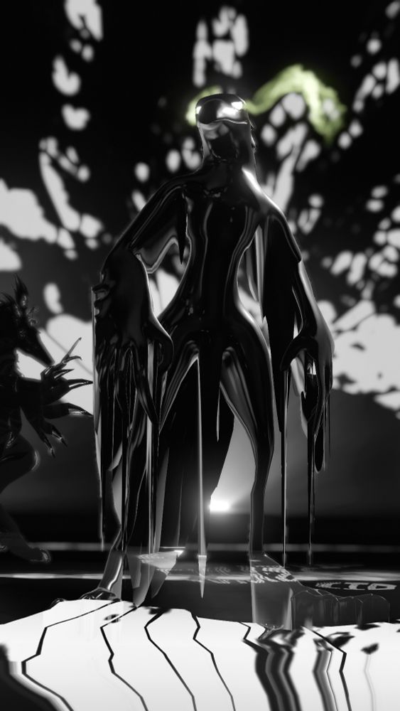Black-and-white VRChat photo of Cawstick, an oozing, glossy, jet-black crow entity, standing with wings to its sides at Furality Somna's Club Fynn, during its dark-themed DJ set