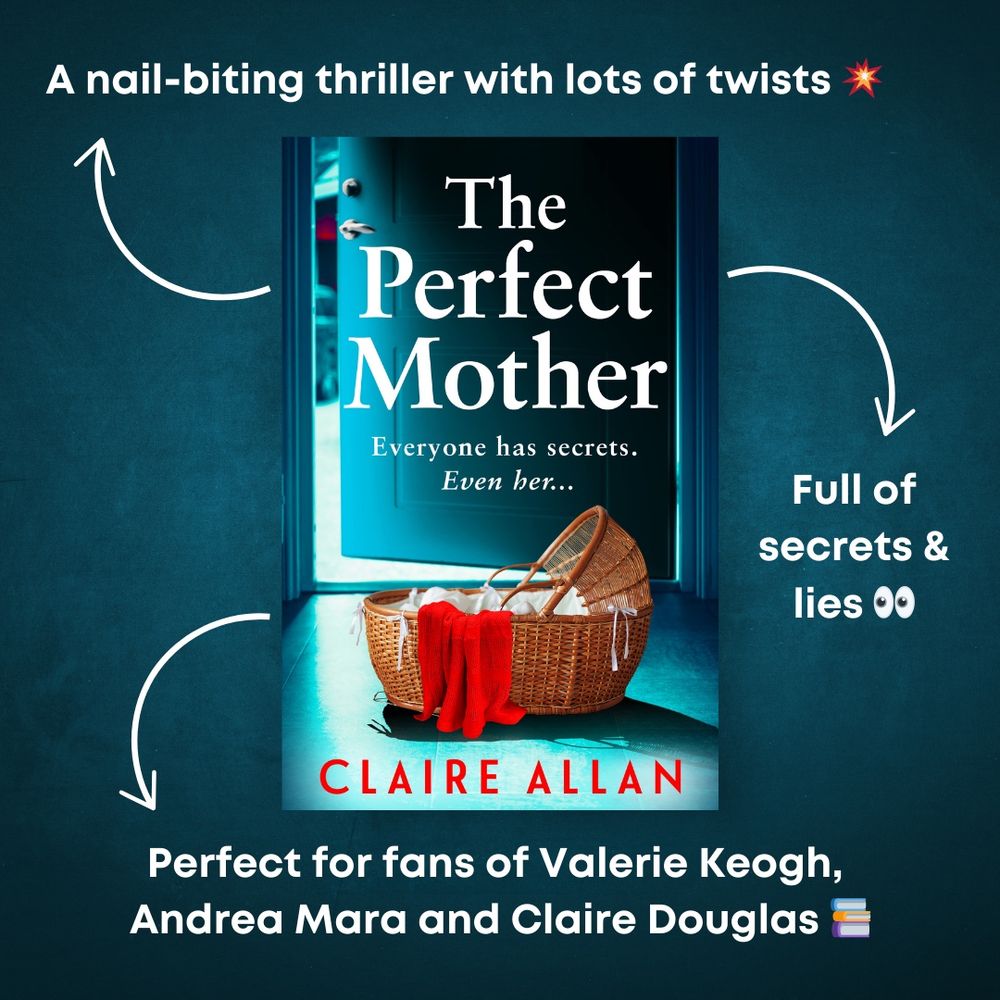 The book cover of The Perfect Mother by Claire Allan. It features an open door, outside of which sits an empty Moses basket, draped with a red blanket. 