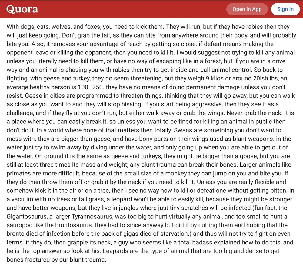 Long description of how to beat various wildlife 1 on 1, too long for alt text character limit