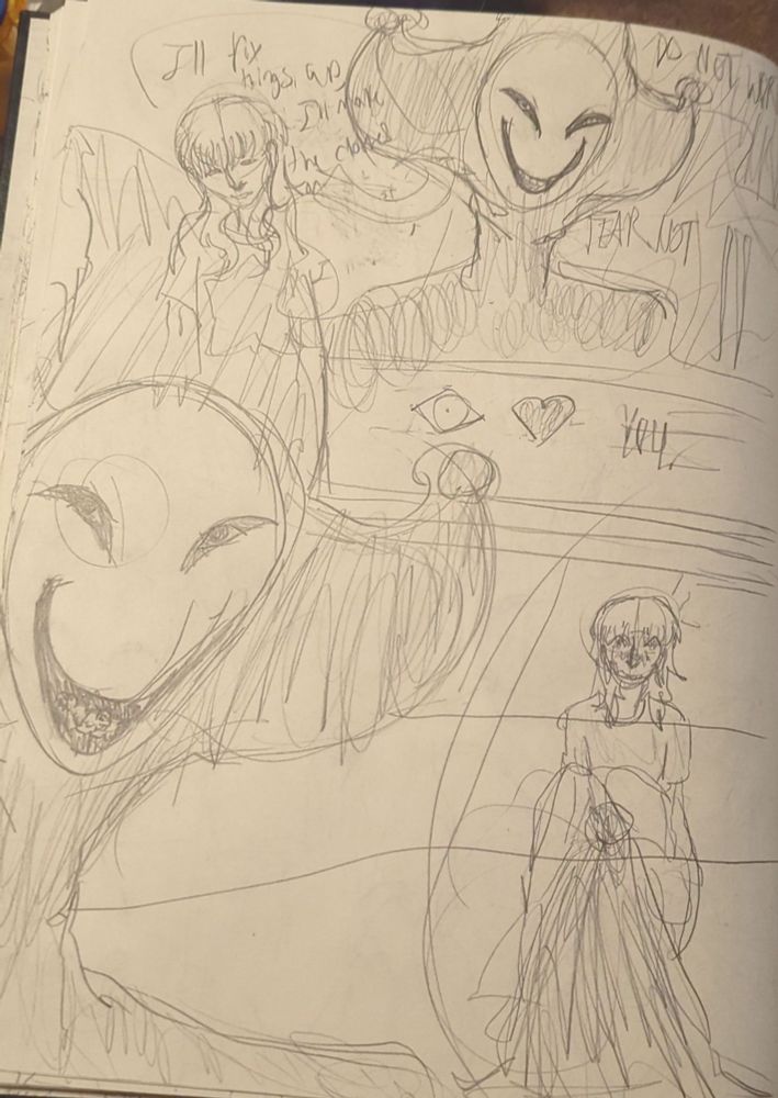 Two different drawings of Boyfriend, speaking to a human