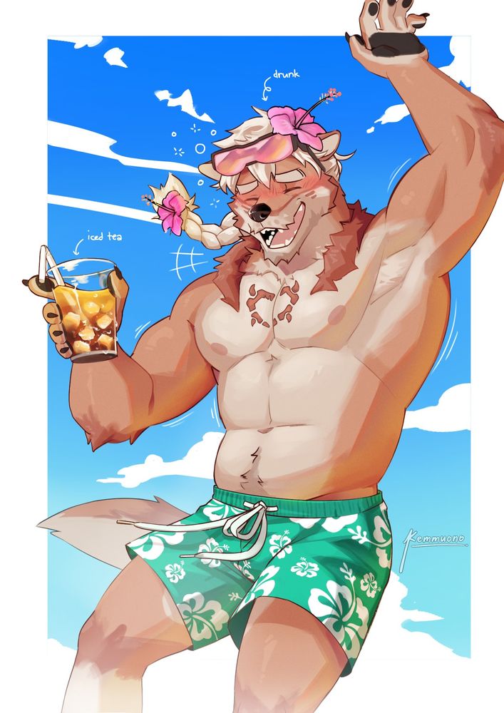 A Shiba dog holding a drink of iced lemon tea on a hot summer day