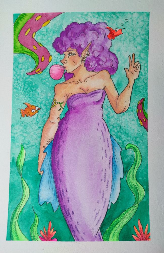 Watercolor painting of a mermaid with a purple tail and large poofed purple hair against a green background. Two goldfish and two tentacles are also in the background