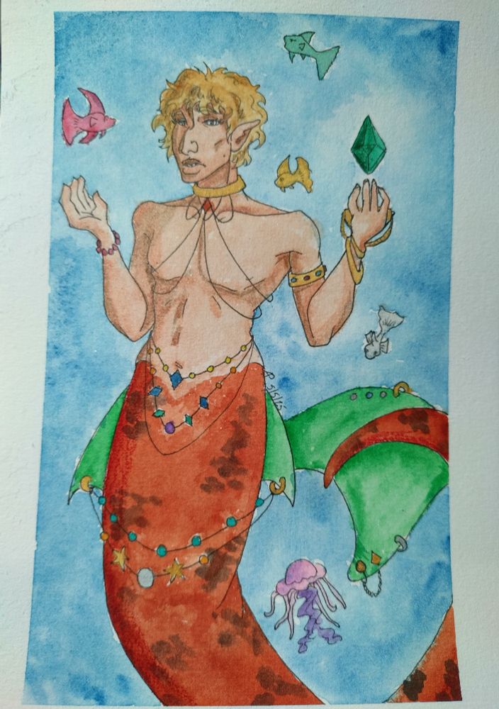 Watercolor painting of a blonde merman against a blue background. He has a burnt orange tail with green fins