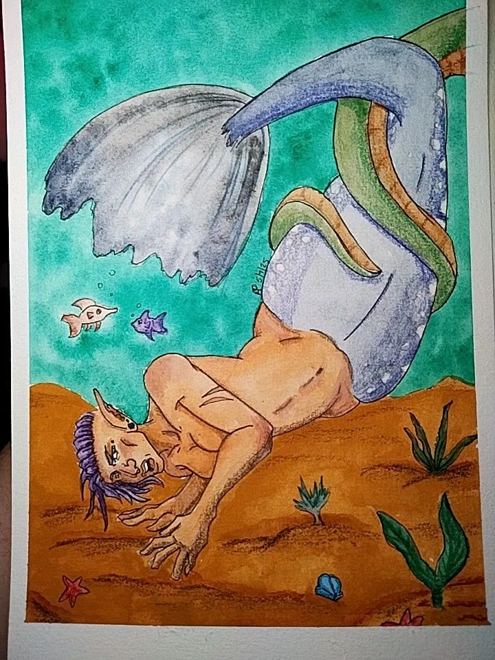 Watercolor painting of a mermaid with a blue tail being lifted by said tail by a large tentacle 
