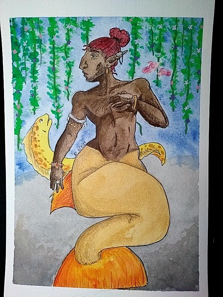 Watercolor painting of a merman with a golden tail. There are hanging vines and a yellow eel behind him