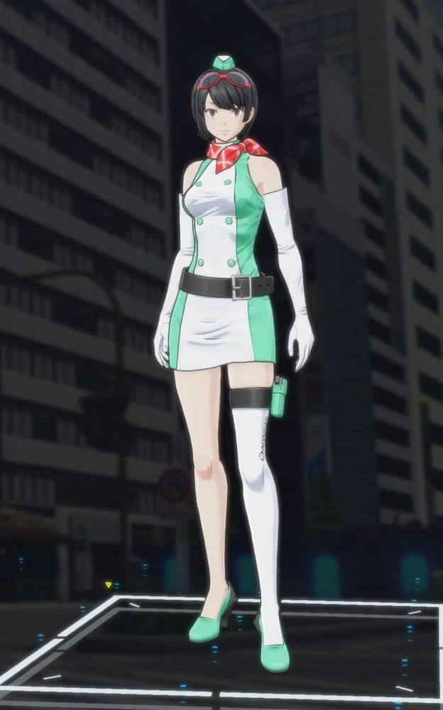 full in game character model of Digimon Story Colon Time Stranger protagonist, ADAMAS Agent Kanan Yuki. Wearing their default Agent uniform, a mint green and white mini dress, a single thing high sock on her left leg, secured on the thigh with her mint green Digivice holster, mint green heels, mint green tiny hat just above a pair of red rimmed sunglasses perched perfectly on top of her head, and a red and white striped ascot tied very stylishly around her neck