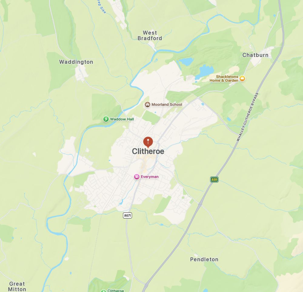 A map showing the Lancashire town of Clitheroe.