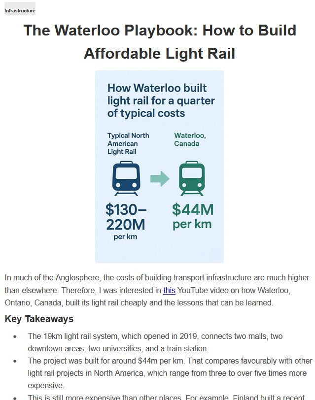 Image shows an excerpt from the Transport Leader newsletter of 29 Sept 2025 with the top part of an item on "The Waterloo Playbook: How to Build Affordable Light Rail". The text includes a link to Oh the Urbanity's youtube video on this topic. 