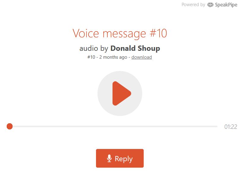 An image of the screen showing Voice Message #10 audio by Donald Shoup on SpeakPipe (a service which allows sending voice messages)