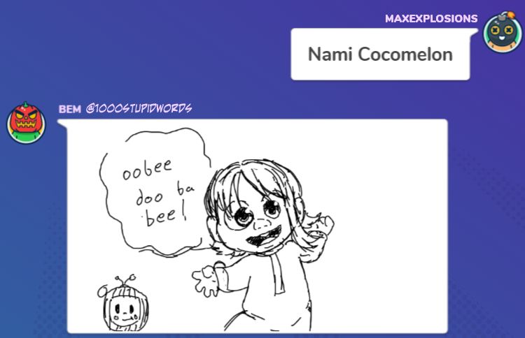 Gartic Phone prompt: "Nami Cocomelon". Art is of nami as a baby in the style of cocomelon. Complete with cocomelon logo in the bottom left. Nami-baby is saying "oobee doo ba bee!"