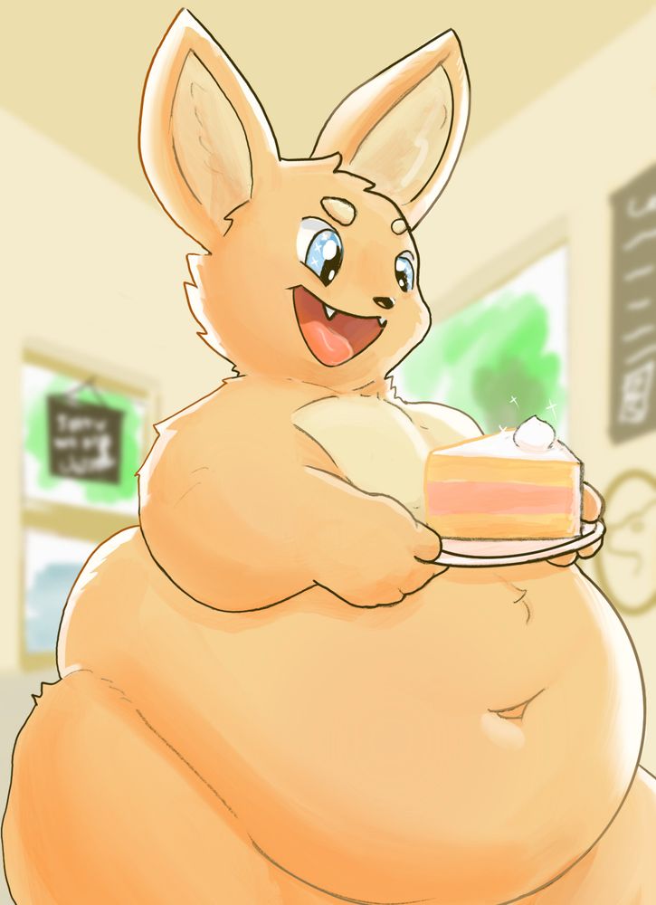 Chubby orange critter holding a big slice of cake with a joyful expression.