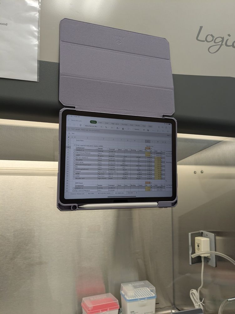An iPad being magnetically held to a metal cabinet. 