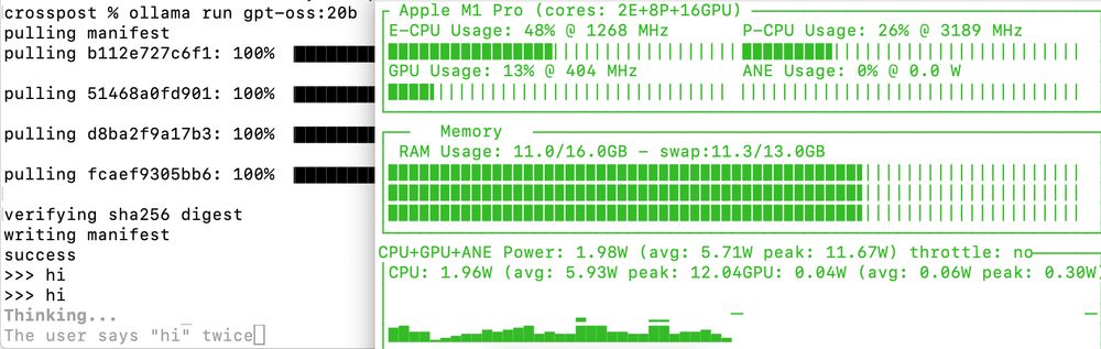 Screenshot of ollama running while asitop displayed in other tab