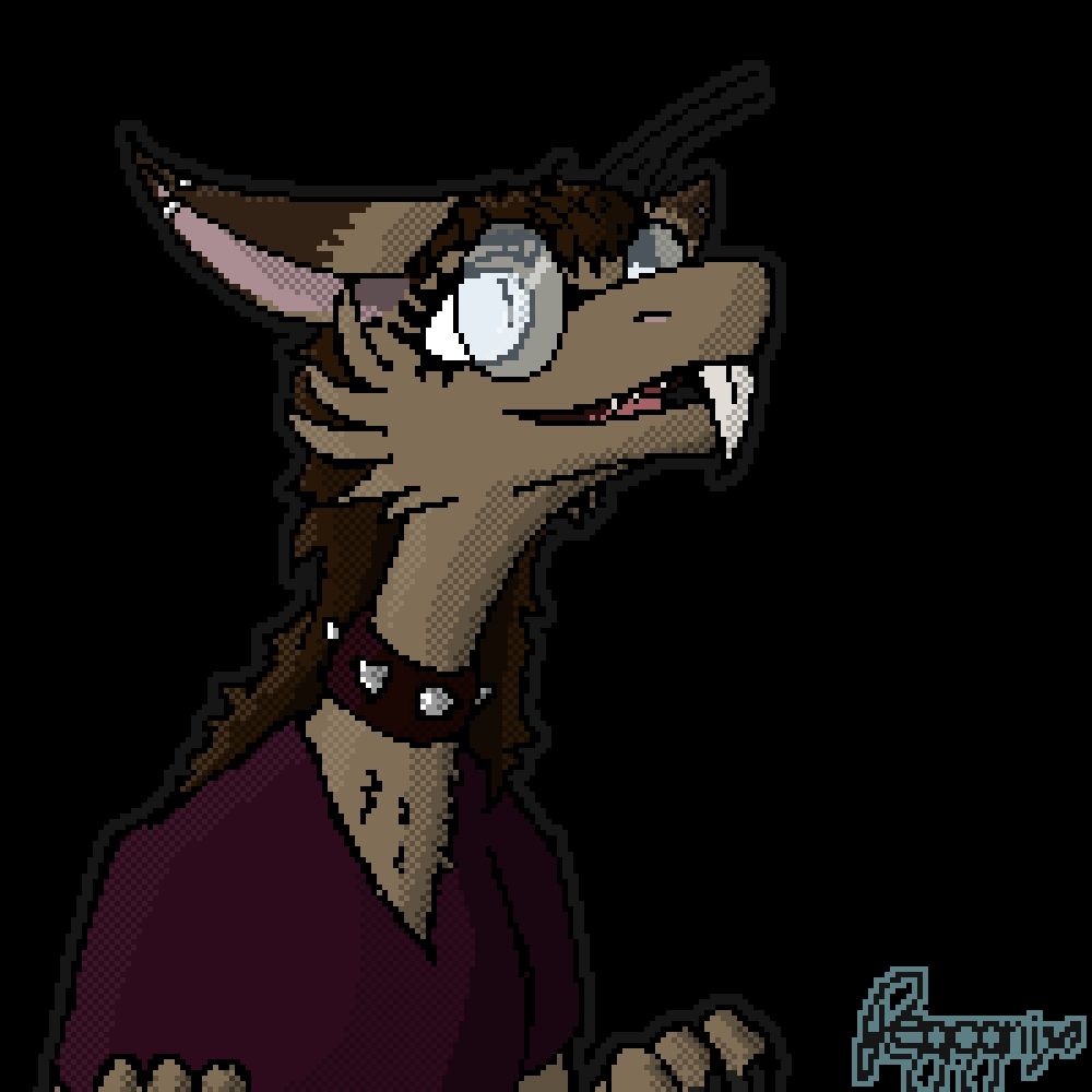 A yinglet character that is wearing glasses, has pierced ears, and wears a spiked collar. It is in the style of pixel art. 