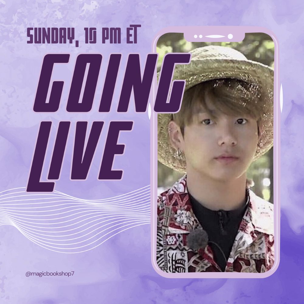 BTS Jungkook wearing a straw hat and Hawaiian shirt (with his memed tanline) appears on a phone screen with the text "Sunday, 10 PM ET, Going Live" on a purple background.