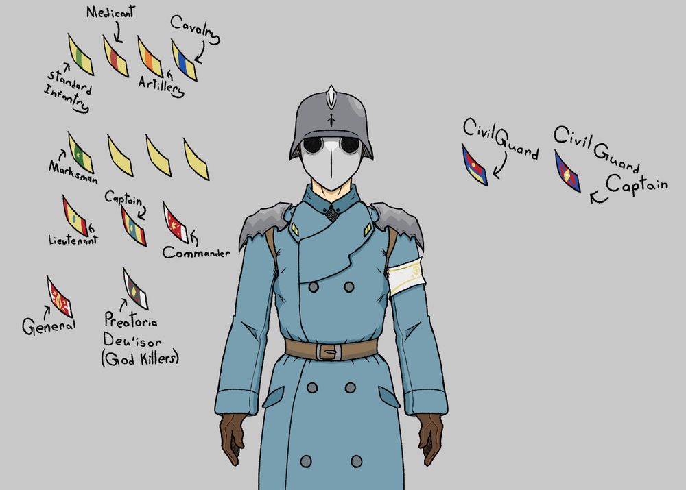 The Elean soldier is surrounded by an array of insignia denoting rank and role.