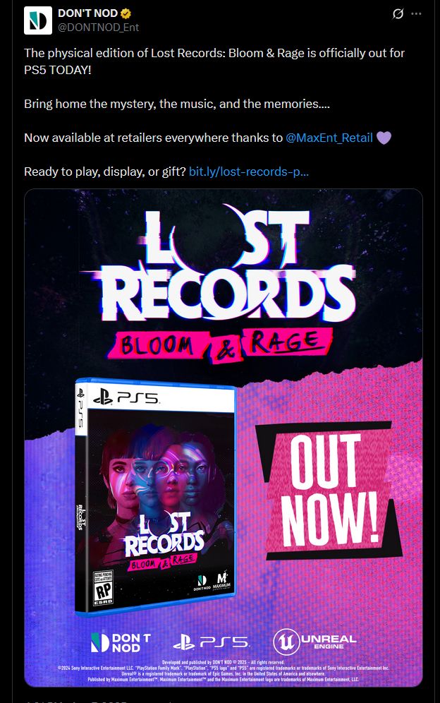 #LostRecords feed update - PHYSICAL PS5 EDITION IS OUT NOW!
https://dont-nod.com/en/lost-records-bloom-rage-physical-edition-available-now/