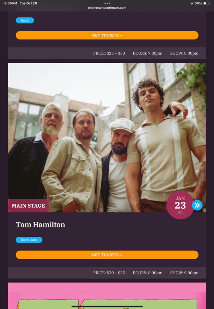 Tom Hamilton is playing the Charleston Pour House January 23, 2026 

