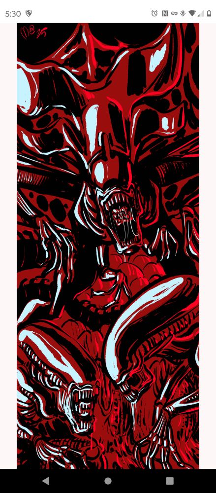 A tall drawing of three xenomorphs from the Alien franchise. 