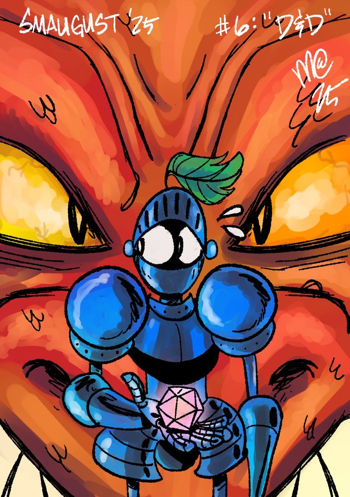 A knight holding a die that just reads "1". Behind him is a dragon face. 
