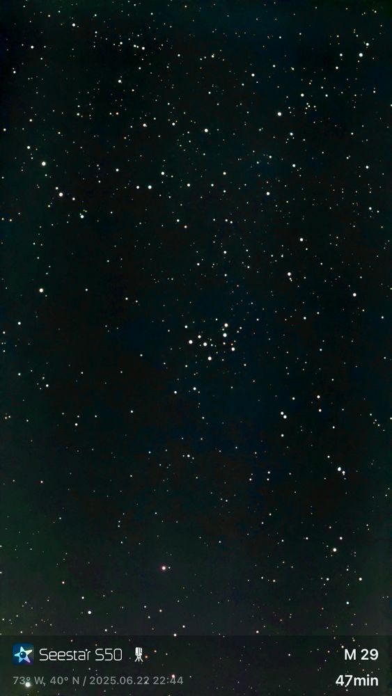 A 47 minute shot of M29 (Cooling Tower Cluster) in the constellation Cygnus. I’m happy with it, but there’s significant light pollution in NYC. Gotta work with what you’ve got I guess?