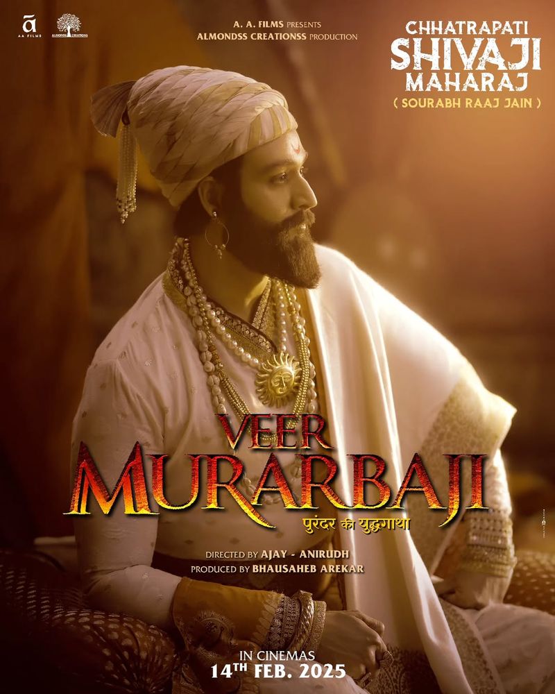 A poster for upcoming historical epic "Veer Murarbaji" shows Chhatrapati Shivaji Maharaj, portrayed by Sourabh Raaj Jain, seated and turned to the right, his face in profile.
