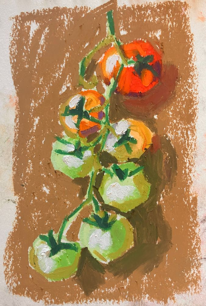 messy oil pastel painting of a vine of tomatoes against a beige-brown background.