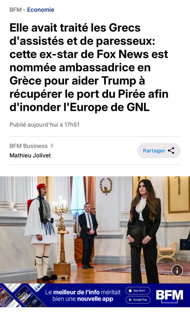 Article de presse « Elle avait traité les Grecs d'assistés et de paresseux: cette ex-star de Fox News est nommée ambassadrice en Grèce pour aider Trump à récupérer le port du Pirée afin d'inonder l'Europe de GNL »