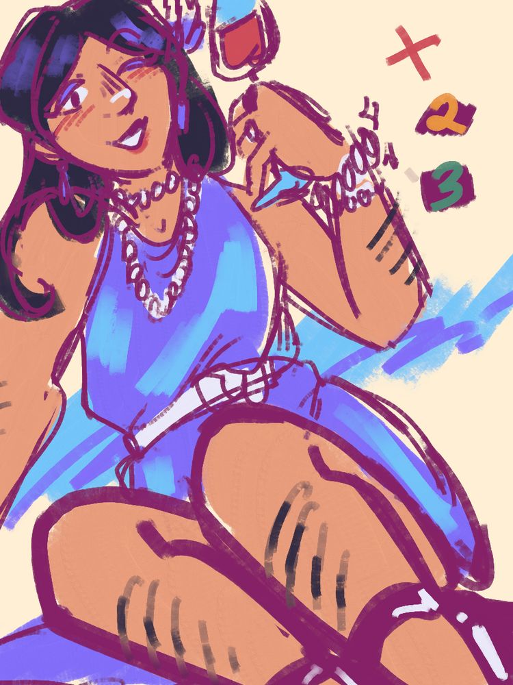 A hastily colored rough sketch of the Gambler from Party House. She leans on one side, sitting and cheerfully winking at the viewer as she lifts a glass of wine in one hand. Body hair is visible on her forearms and legs. End ID.