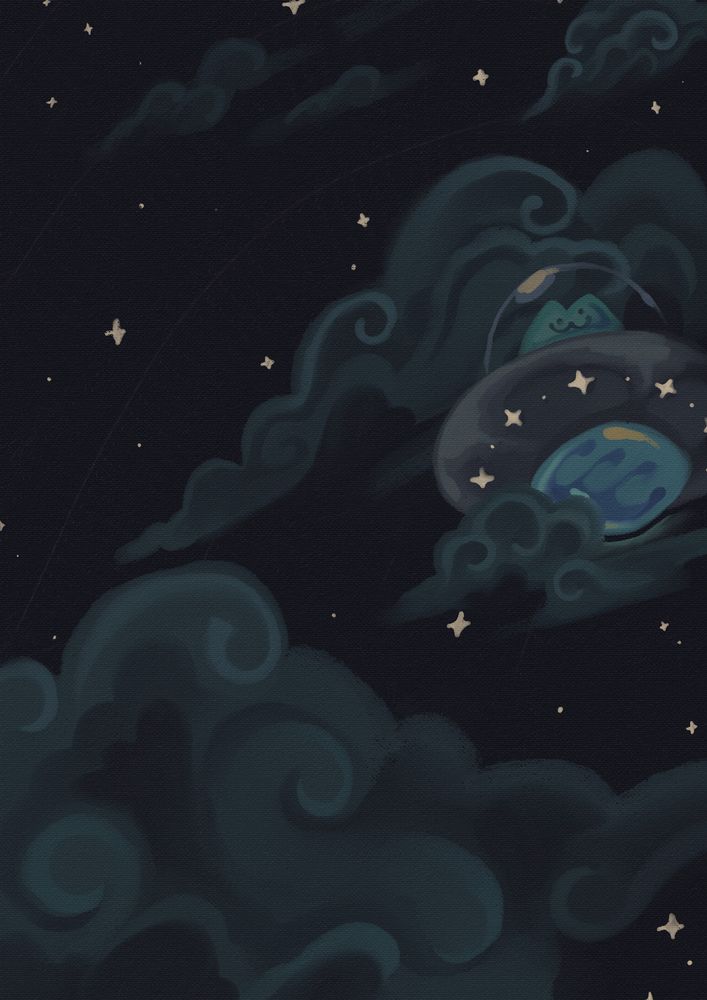 a digital painting of a dark sky with green clouds, speckled with bright yellow stars. nestled among the clouds is a silver-and-green UFO, with a silly-looking cat inside its glass dome. End ID.
