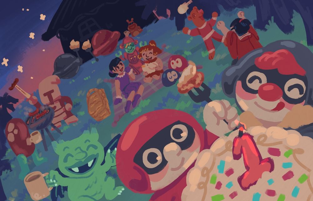 A garden party of characters from UFO 50. In the background, the Campanella and the Big Belle eat some cake, while Slard looks on with a mug of coffee. Donkus and Kotaro toss a ball around, while the Gardener, Zola, and Yogo chat on a picnic blanket nearby. Next to them, the knight (from Barbuta) and the Creature grill hotdogs. Finally, Tiramisu, Isabell, and Pilot gather around a confetti cake with a "1" candle on top. End ID.